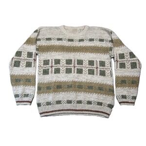 Vtg St Johns Bay Sweater L Beige Green Geometric‎ 80s 90s Grandpa Dad Academia
